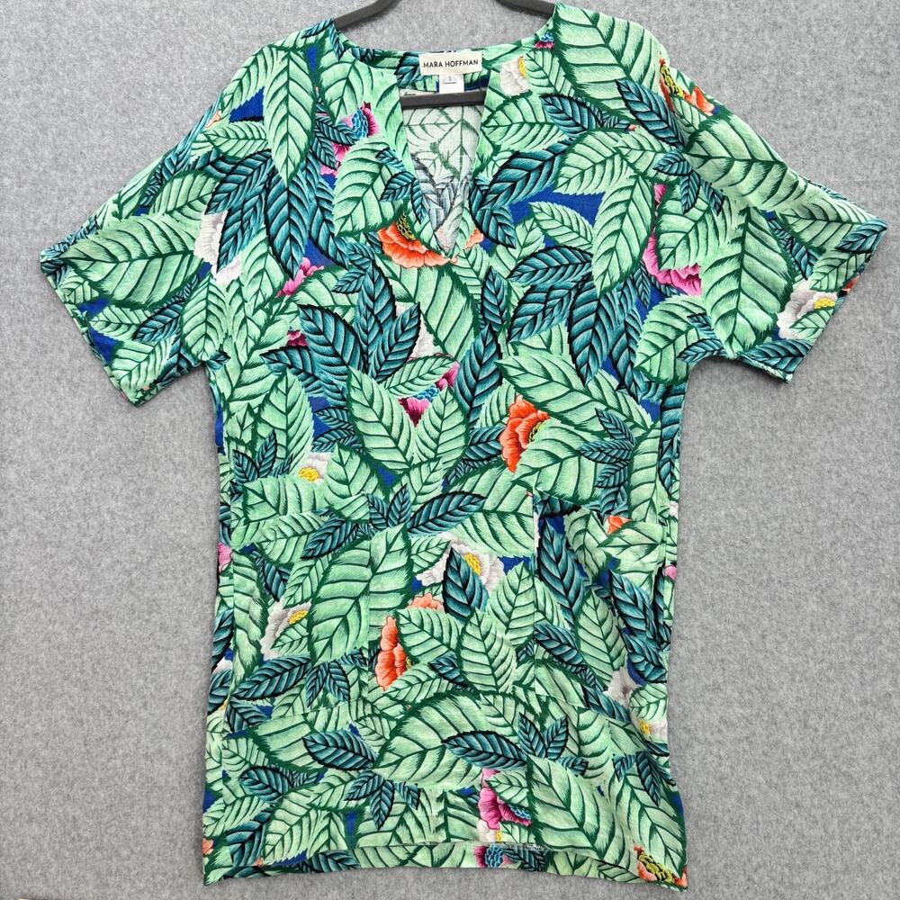 Mara Hoffman 100% Linen Tropical Floral Mini Dress Sz S Green Blue Resort Beach
